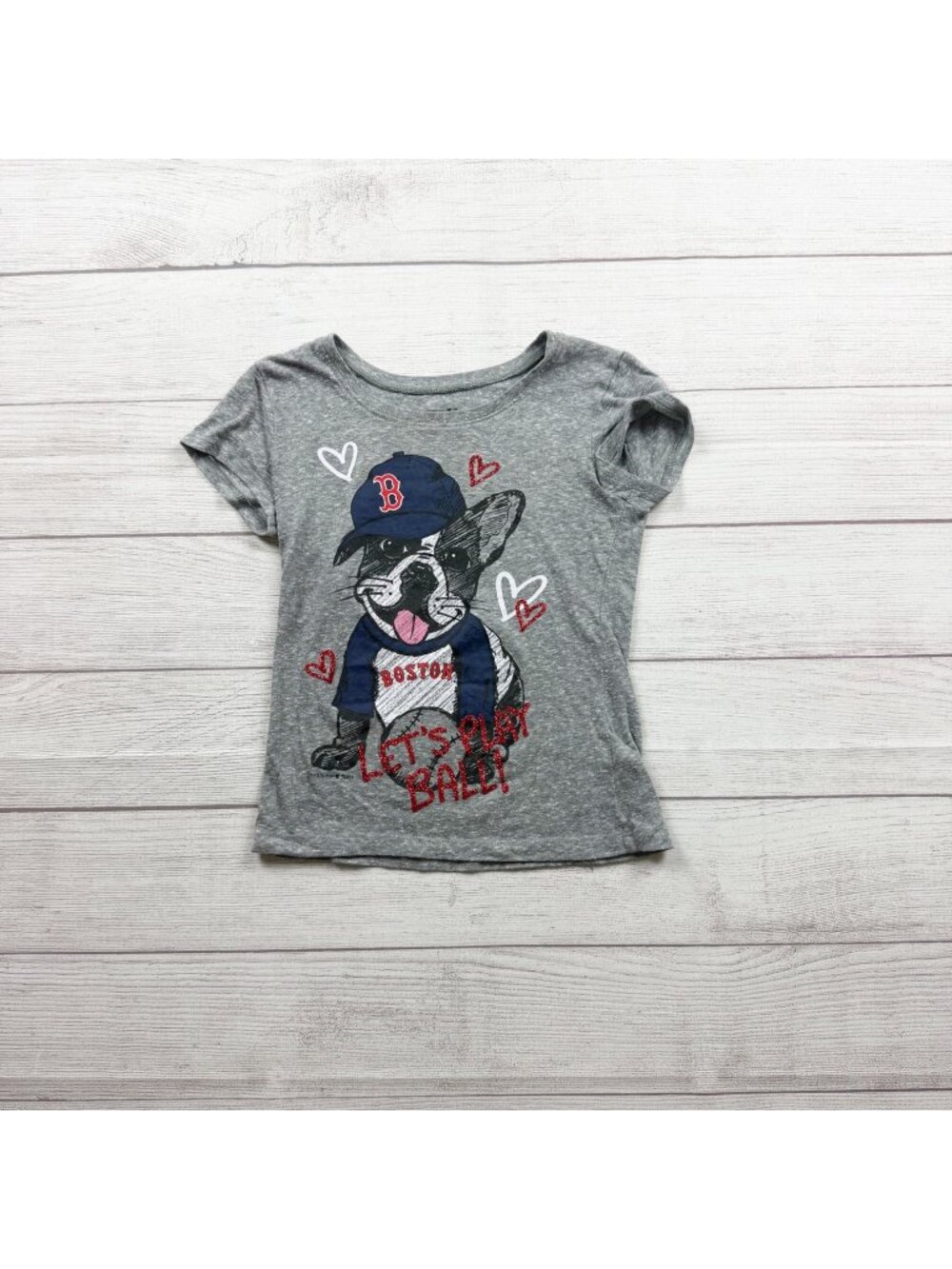 5th & Ocean Girls Gray Boston Red Sox Shirt Baseball Dog Graphic Tee 7